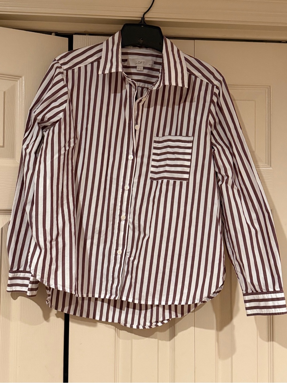 LOFT Women's White and Maroon Stripe Button-Down Shirt